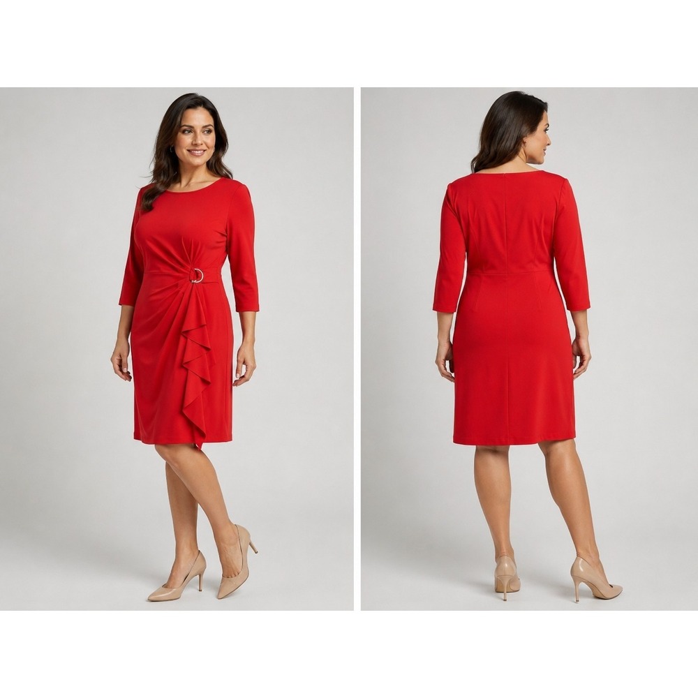 Jessica Howard Red Sheath Dress Size 8‎ Ruffle Accent Career Cocktail Stretch